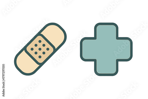Adhesive bandage plaster and medical cross symbol for first aid and healthcare