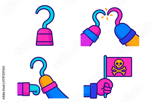 Vibrant neon pirate icons set with hook hands and bright pink Jolly Roger flag