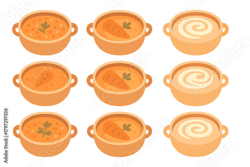 Set of nine isometric bowls of warm soup with carrot, parsley, and cream toppings