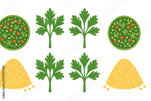 Fresh parsley, mixed green herbs, and yellow granular seasoning ingredients