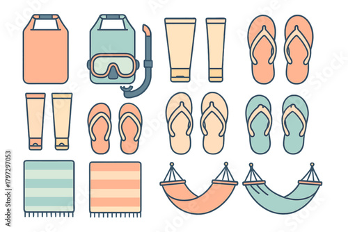 Summer vacation and beach essentials including flip flops, sunscreen, snorkeling gear, and hammocks