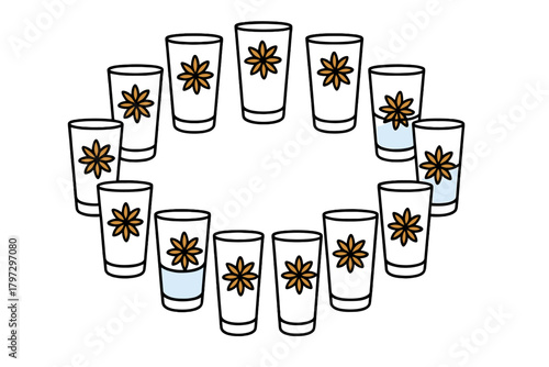 Seamless circular border pattern of tall drinking glasses decorated with star anise spice