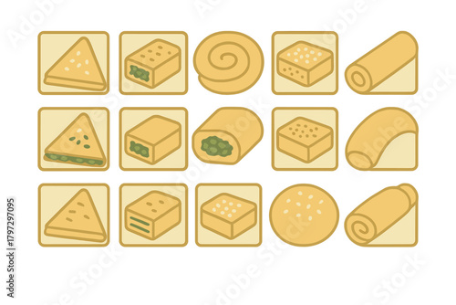 Assortment of traditional savory baked goods including triangular pies, rectangular blocks, and rolled pastries