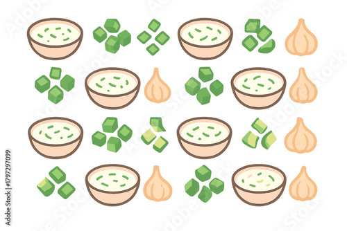 Seamless repeating pattern of creamy sauce bowls, green vegetable cubes, and garlic bulbs