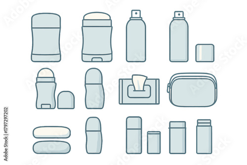 Set of personal hygiene products: deodorant sticks, roll-ons, spray bottles, wet wipes, and cosmetic bag