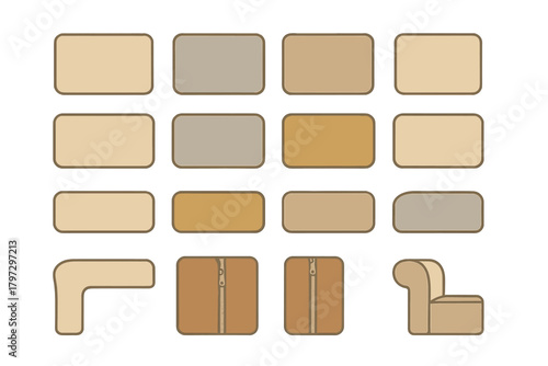 Set of modular sofa components and upholstery elements in neutral colors