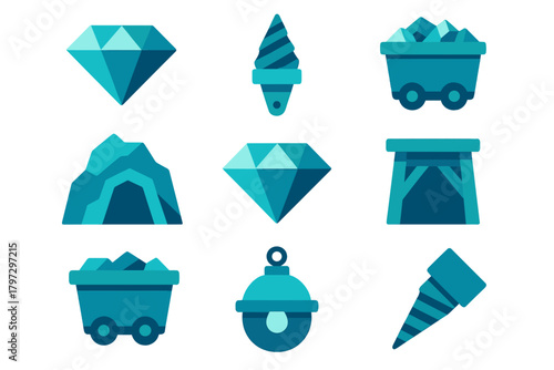 Set of mining industry symbols featuring diamonds, mine carts, cave entrance, and essential tools