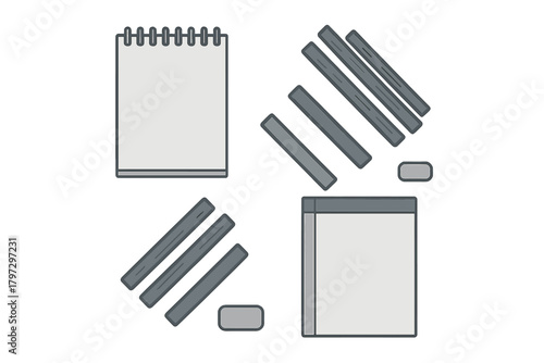 Assortment of writing and drawing tools featuring spiral notebooks, pencils, and erasers