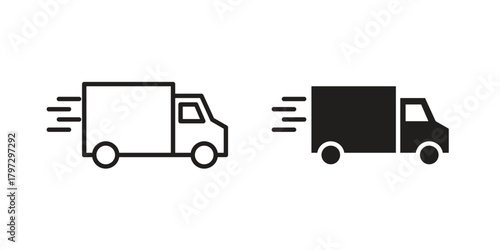 Fast shipping delivery truck icon flat and thin stroke vector pack. Editable icons set