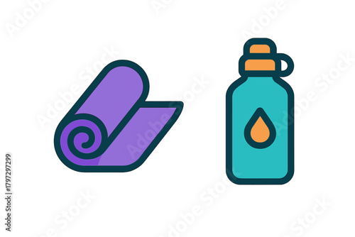 Rolled purple exercise mat and turquoise reusable water bottle for fitness training
