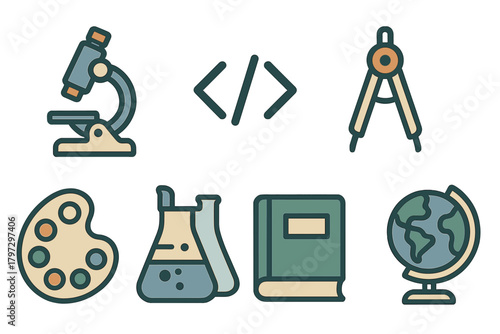 Set of educational icons covering science, technology, art, and geography subjects