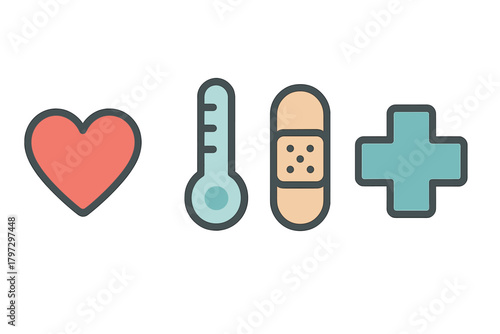 Set of essential medical and healthcare symbols including heart, thermometer, bandage, and cross