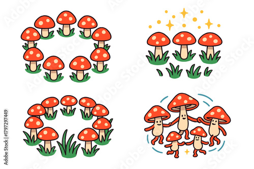 Adorable forest fungi featuring magical toadstools arranged in decorative wreaths and dancing
