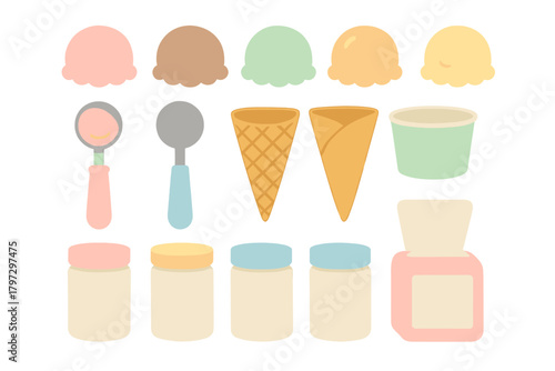 Colorful ice cream scoops, waffle cones, serving utensils, and containers for dessert shop