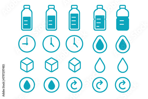 Minimalist symbols for hydration and time management featuring water bottles clocks and drops