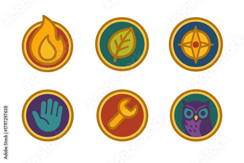 Colorful set of six round badges featuring symbols for nature, elements, guidance, tools, and wisdom