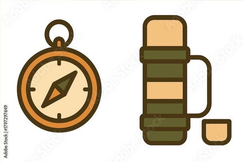 Classic navigation compass and insulated thermos bottle, essential outdoor equipment for camping