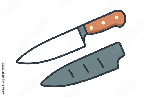 Stainless steel kitchen knife with ergonomic wooden handle and protective scabbard