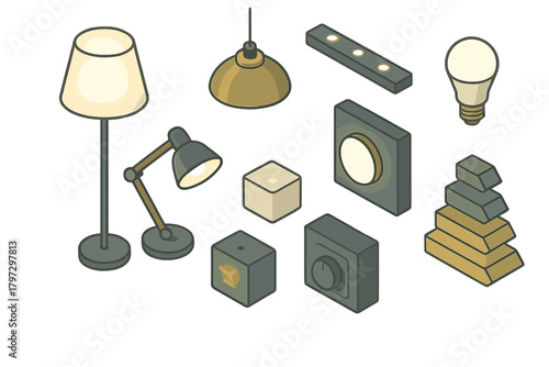 Isometric lighting fixtures and electrical control devices for home interior design