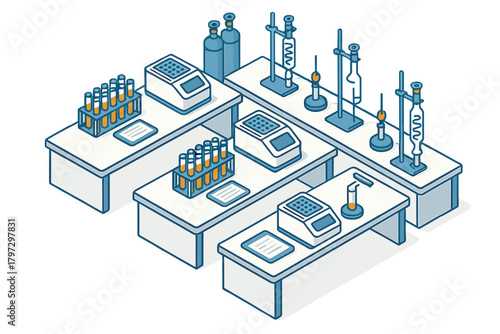 Isometric layout of a scientific research lab bench with test tubes and analytical devices