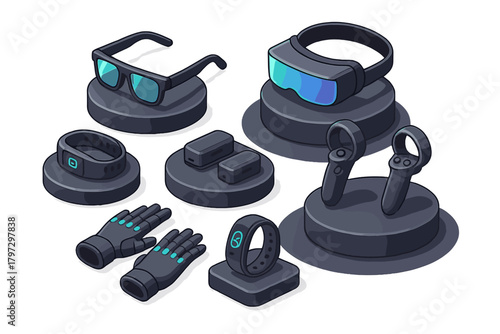 Set of virtual reality and augmented reality wearable devices on display stands