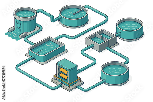 Isometric stages of water purification and wastewater treatment process flow