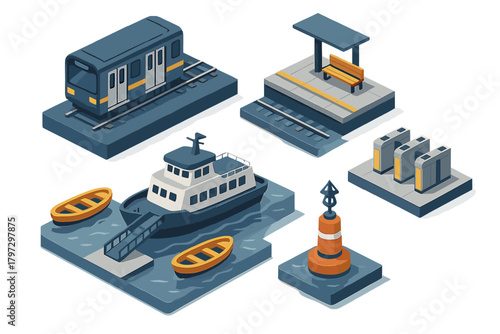 Isometric collection of public transit elements: subway train, ferry boat, station, and ticket barriers