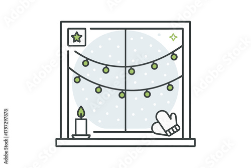 Cozy winter window view with festive string lights, burning candle, and warm mittens