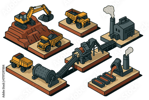 Isometric diagram of mining and metallurgy process stages with heavy machinery and industrial factory buildings