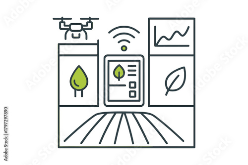 Precision agriculture system showing drone surveillance, field data, and remote monitoring