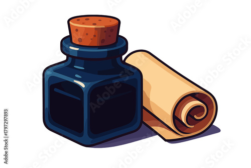 Vintage inkwell and rolled parchment scroll for historical writing and ancient documents