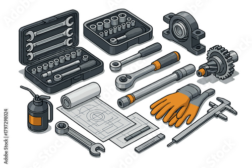 Set of essential mechanical tools and spare parts used for automotive repair and engineering maintenance