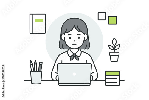Young professional woman working remotely on a laptop surrounded by supplies and plants