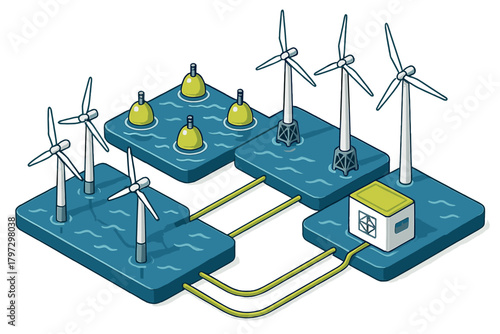 Offshore wind farm energy generation system with turbines, floating platforms, and power converter box