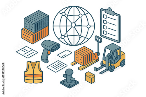 Global logistics supply chain elements including shipping containers and warehouse equipment