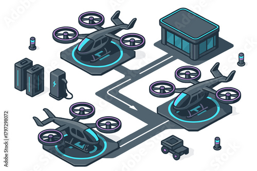 Futuristic urban air mobility hub with eVTOL aircraft parked on landing pads and charging infrastructure