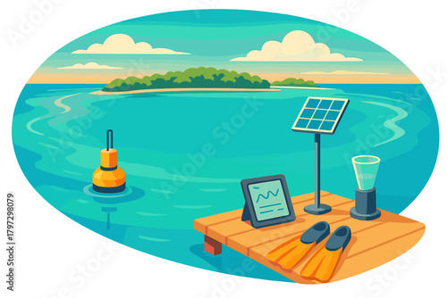 Coastal environment with solar powered monitoring station, digital tablet, and snorkeling gear
