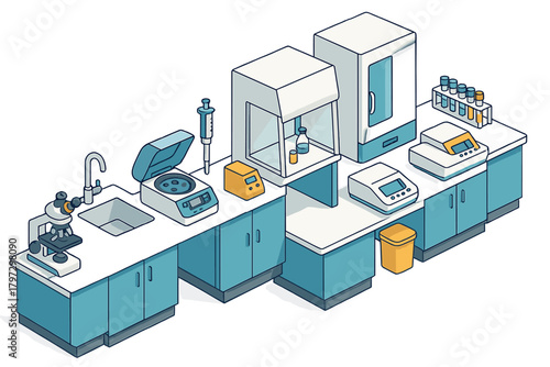 Scientific laboratory workspace featuring microscope centrifuge fume hood and balances