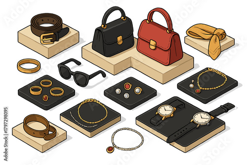 Expensive luxury fashion accessories including jewelry, watches, leather goods, and sunglasses