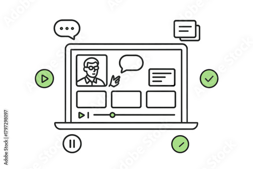 E-learning course presentation on a computer monitor with playback and communication icons