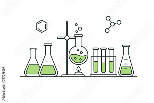 Scientific laboratory setup with flasks, test tubes, and apparatus for chemical reaction