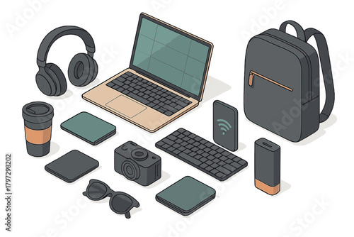 Isometric flat lay arrangement of essential accessories for digital nomad and remote work