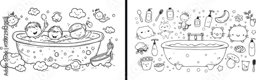 kids bath clipart, bubble bath illustration, bathroom icons, cartoon baby in tub, cute hygiene art, wash time design, child bathing clipart, baby shower vector, self care kids art, playful bathroom sc