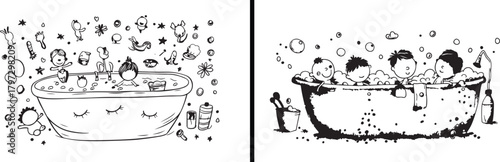 kids bath clipart, bubble bath illustration, bathroom icons, cartoon baby in tub, cute hygiene art, wash time design, child bathing clipart, baby shower vector, self care kids art, playful bathroom sc
