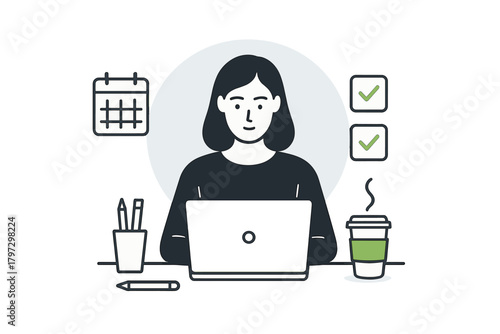 Young woman working at desk with laptop, calendar, checklist, and coffee