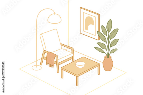 Cozy minimalist living room corner with armchair, coffee table, floor lamp, and potted houseplant