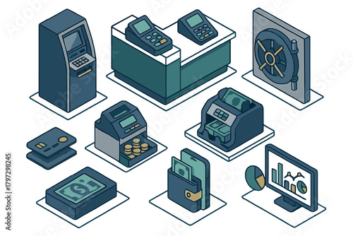 Isometric collection of banking and financial transaction equipment and technology