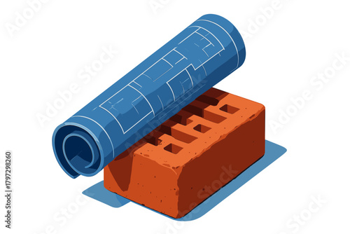 Rolled blue construction blueprint resting on a single orange perforated brick