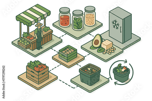 Sustainable food system concept with market stall, preservation jars, refrigeration, and composting process