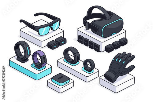 Futuristic wearable technology devices in isometric view: smart rings and virtual reality gear